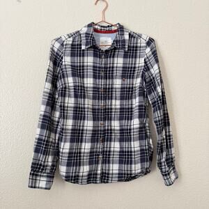 H&M LOGG plaid flannel button up shirt elbow patches blue white gray